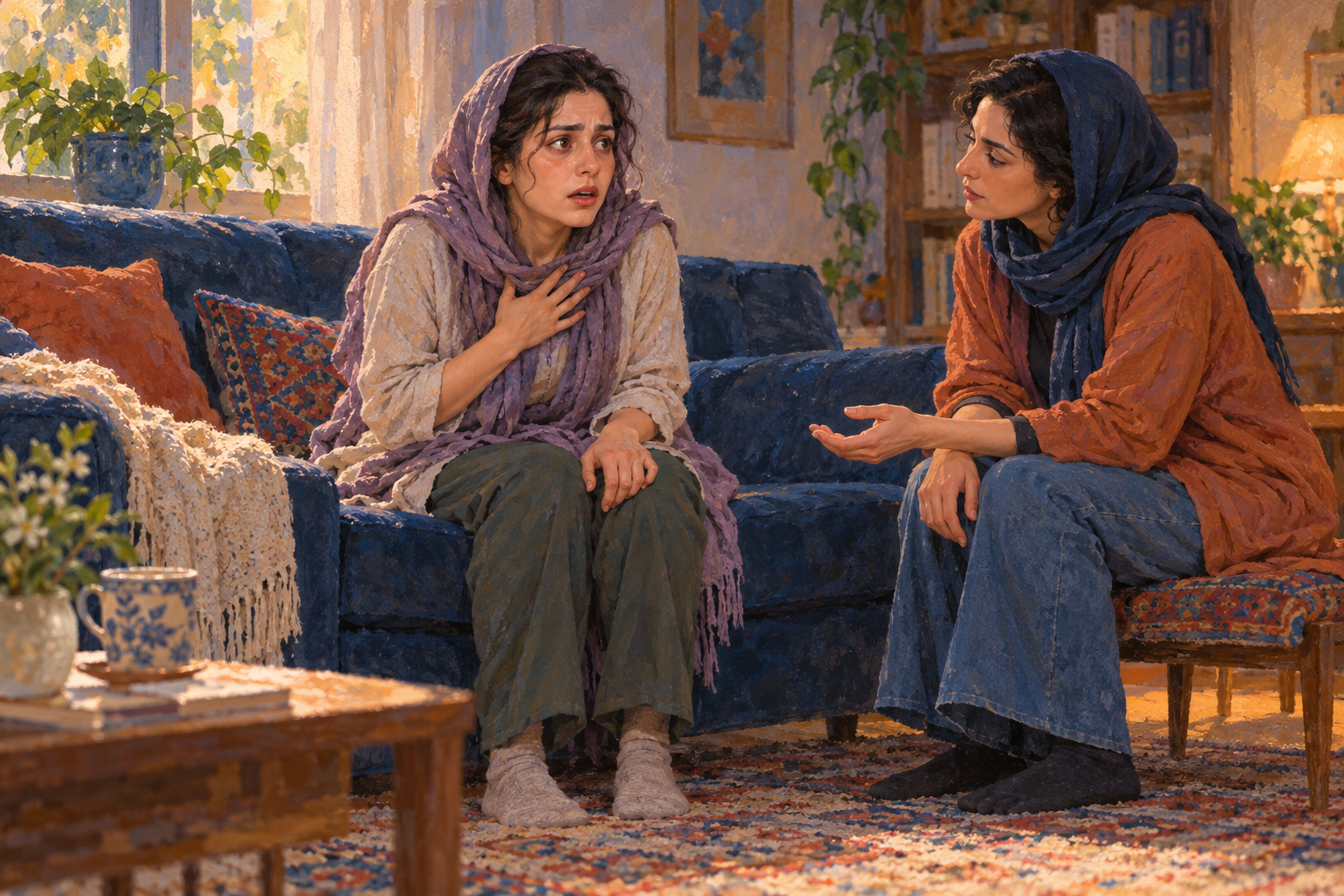 نقاشی زنی با چهره هراسان و دست روی قفسه سینه هنگام حمله پانیک، نشسته روی مبل در کنار همراهی آرام و حمایتگر